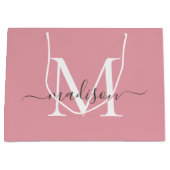 Girly Blush Pink Monogram Grey Elegant Script Name Große Geschenktüte (Vorderseite)