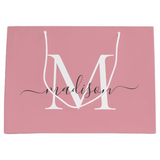 Girly Blush Pink Monogram Grey Elegant Script Name Große Geschenktüte (Vorderseite)