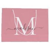 Girly Blush Pink Monogram Grey Elegant Script Name Große Geschenktüte (Rückseite)