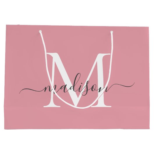 Girly Blush Pink Monogram Grey Elegant Script Name Große Geschenktüte (Rückseite)