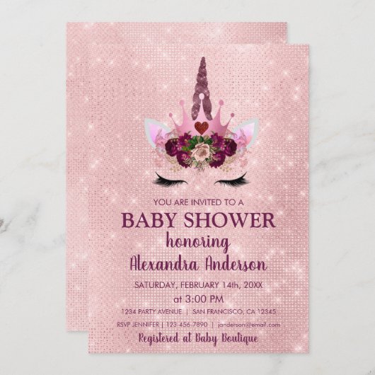 Girly Blush Pink Sparkle Unicorn Kinderdusche Einladung (Vorne/Hinten)