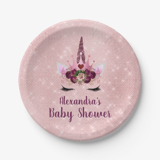 Girly Blush Pink Sparkle Unicorn Kinderdusche Pappteller (Vorderseite)