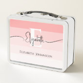 Girly Blush Pink Stripes Monogram Script Name Chic Metall Brotdose (Rückseite)