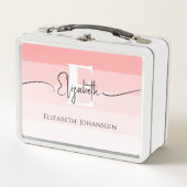 Girly Blush Pink Stripes Monogram Script Name Chic Metall Brotdose (Vorderseite)