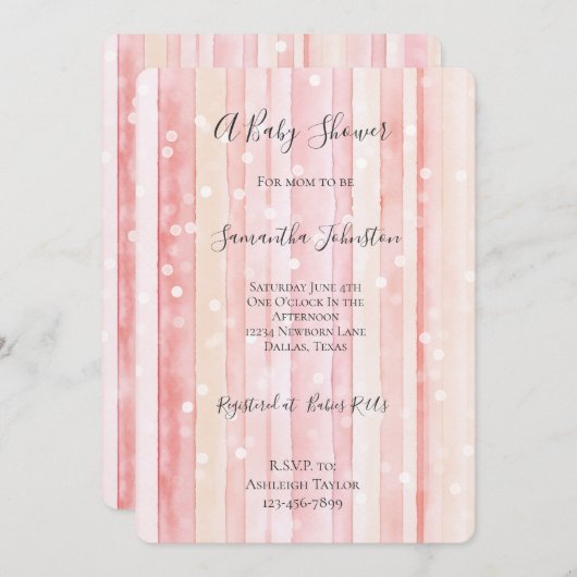 Girly Blush Pink Stripes White Dots Baby Shower Einladung (Vorne/Hinten)