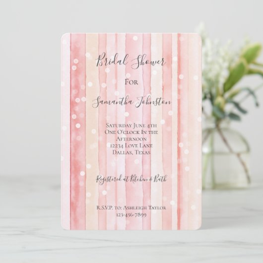 Girly Blush Pink Stripes White Dots Bridal Shower Einladung (Stehend Vorderseite)