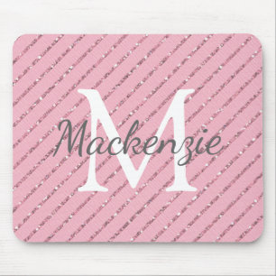 Girly Blush Rosa Glitter Streifen Monogramm Mousepad
