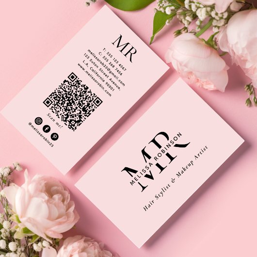 Girly Blush Rosa Haarstylist Monogramm QR-Code Visitenkarte