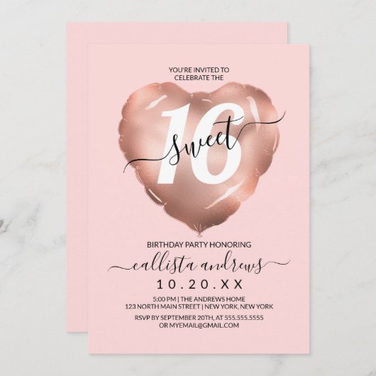 Girly Blush Rose Goldener Foil Herzballon Süß 16 Einladung (Vorne/Hinten)