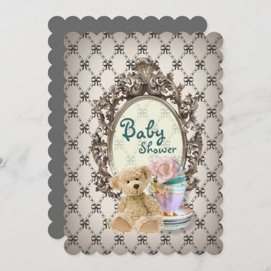 girly Bogen-Teddybär-Babypartyeinladungen Einladung (Vorne/Hinten)