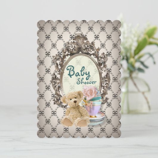 girly Bogen-Teddybär-Babypartyeinladungen Einladung (Stehend Vorderseite)