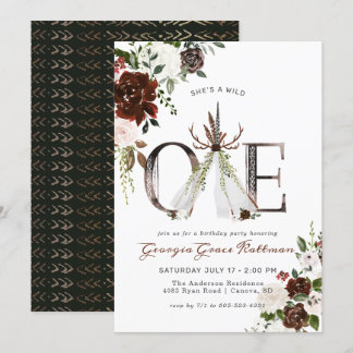 Girly Boho Floral Antler Tribal Wild One Birthday Einladung