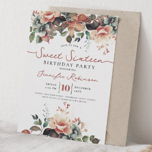 Girly Boho Herbst Blumen Sweet 16 Geburtstagsfeier Einladung