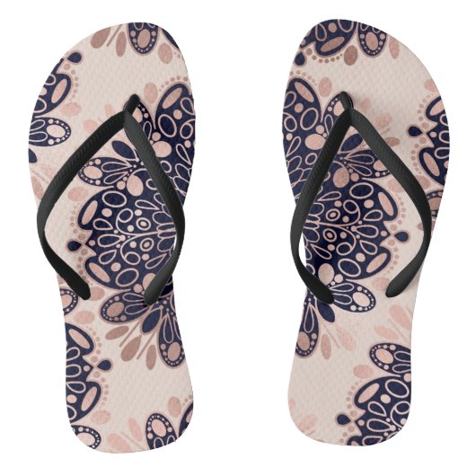 Girly Boho Rose Gold Blush Pink Navy Mandalas Badesandalen (Fußbett)