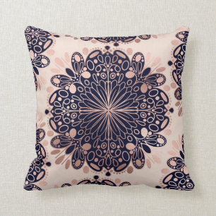 Girly Boho Rose Gold Blush Pink Navy Mandalas Kissen
