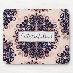 Girly Boho Rose Gold Blush Pink Navy Mandalas Mousepad