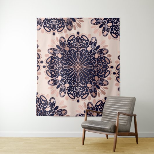 Girly Boho Rose Gold Blush Pink Navy Mandalas Wandteppich (Beispiel)
