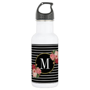 Girly Boho Schwarz-Streifen-Monogramm Edelstahlflasche