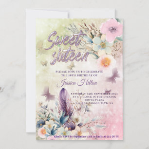 Girly Bokeh Butterfly boho floral 16 . Geburtstag Einladung