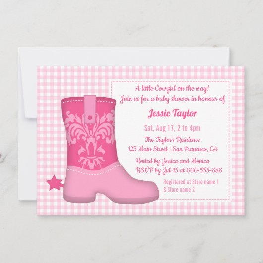 Girly Boot Western Thema Kinderdusche Einladungen (Vorderseite)