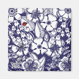Girly Botanical Shalom Blue White Garden Zeichnend Magnet