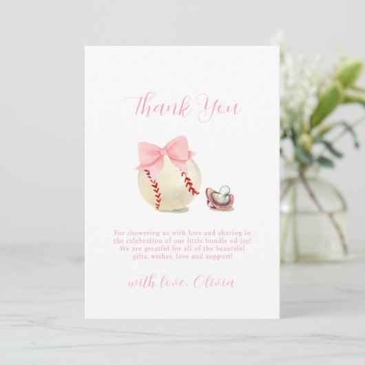 Girly Bow Pacifier Baseball Sport Baby Shower Dankeskarte (Stehend Vorderseite)