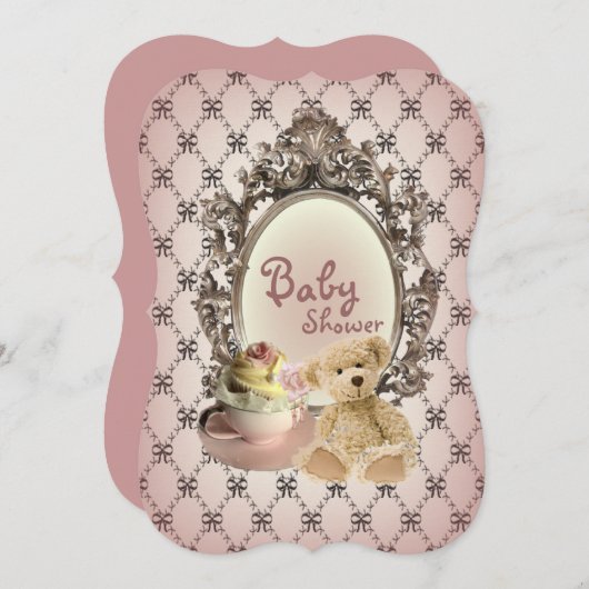 Girly Bows Teddy Bär Babydusche Einladungen (Vorne/Hinten)