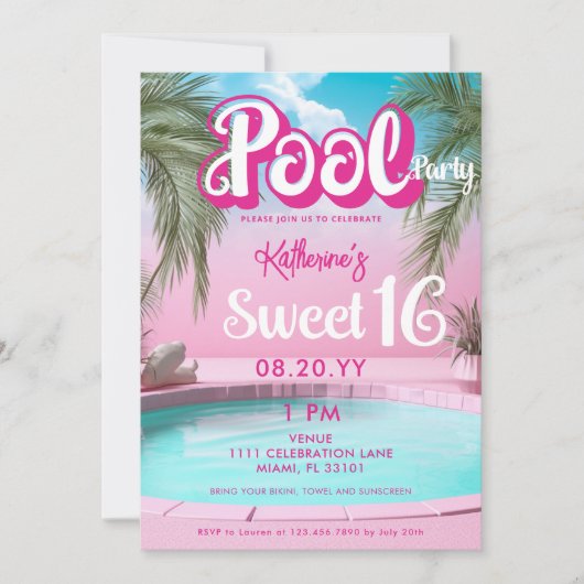 Girly Bright Hot Pink Pool Party Sweet 16 Sechzehn Einladung (Vorderseite)