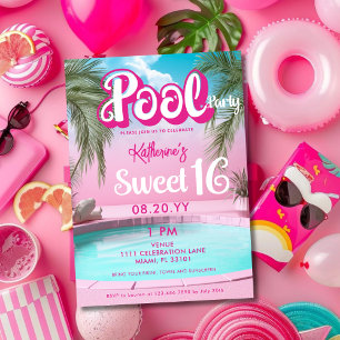 Girly Bright Hot Pink Pool Party Sweet 16 Sechzehn Einladung