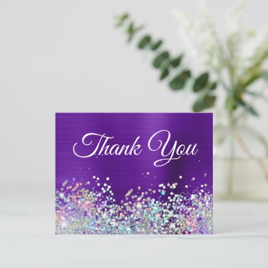 Girly Bright Indigo Lila Foil Holo Glitzer Dankeskarte (Stehend Vorderseite)