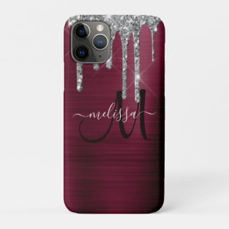 Girly Burgundy Brushed Metal Dripping Glitzer Name Case-Mate iPhone Hülle