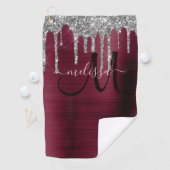 Girly Burgundy Brushed Metal Dripping Glitzer Name Golfhandtuch (Insitu)