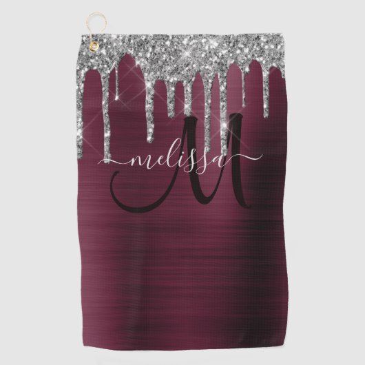 Girly Burgundy Brushed Metal Dripping Glitzer Name Golfhandtuch (Vorderseite)
