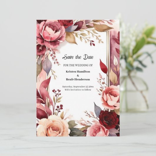 Girly Burgundy Calligraphy Save The Date (Stehend Vorderseite)