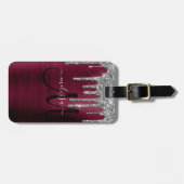 Girly Burgundy Dripping Glitzer Brush Metal Name Gepäckanhänger (Vorderseite horizontal)