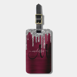 Girly Burgundy Dripping Glitzer Brush Metal Name Gepäckanhänger
