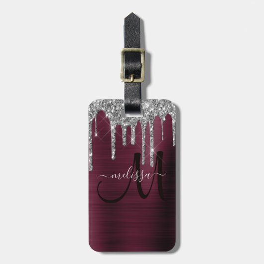 Girly Burgundy Dripping Glitzer Brush Metal Name Gepäckanhänger (Vorderseite vertikal)