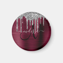 Girly Burgundy Dripping Glitzer Brush Metal Name