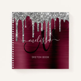 Girly Burgundy Dripping Glitzer Brush Metal Name Notizblock