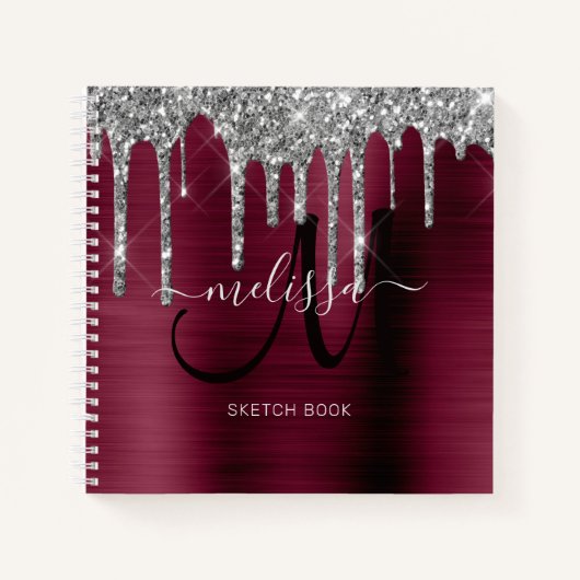 Girly Burgundy Dripping Glitzer Brush Metal Name Notizblock (Vorderseite)