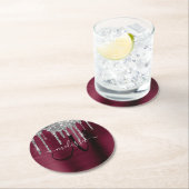 Girly Burgundy Dripping Glitzer Brush Metal Name Runder Pappuntersetzer (Vor Ort)