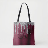 Girly Burgundy Dripping Glitzer Brush Metal Name Tasche (Vorderseite)