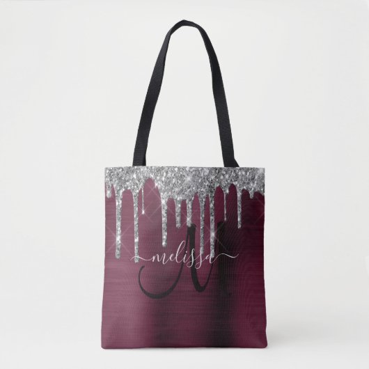 Girly Burgundy Dripping Glitzer Brush Metal Name Tasche (Vorderseite)