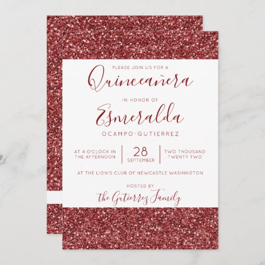 Girly Burgundy Glitzer Sparkle Quinceanera Einladung (Vorne/Hinten)