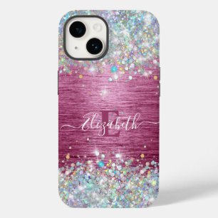 Girly Burgundy Holographic Imitats Glitzer Monogra Case-Mate iPhone 14 Hülle