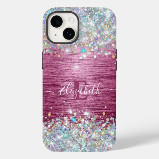 Girly Burgundy Holographic Imitats Glitzer Monogra Case-Mate iPhone Hülle (Rückseite)