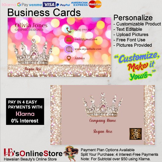 Girly Business Trendy Glitzer Elegant Crown QRCode Visitenkarte