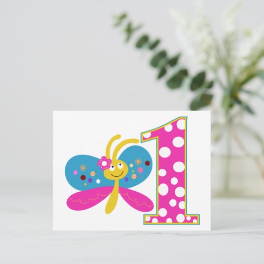 Girly Butterfly Erster Geburtstag Postkarte (Stehend Vorderseite)