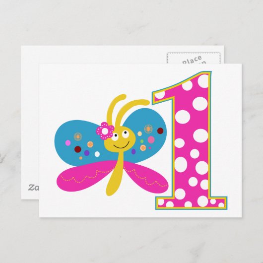 Girly Butterfly Erster Geburtstag Postkarte (Vorne/Hinten)