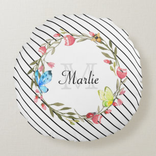 Girly Butterfly floral dünne schwarze Streifen und Rundes Kissen